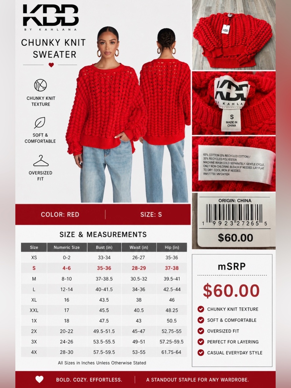 KBB by Kahlana Chunky Knit Sweater Red Oversized Bubble Knit Size Small NWT